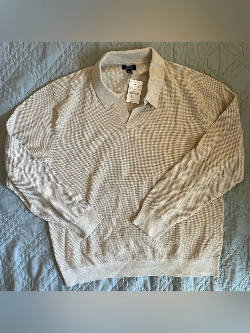 J. CREW Cotton waffle johnny-collar sweater-polo in Heather Stone L NWD $115